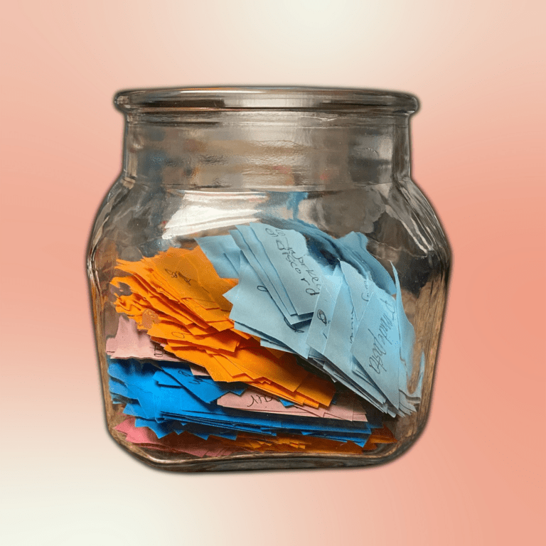 a glass jar filled with colorful papers