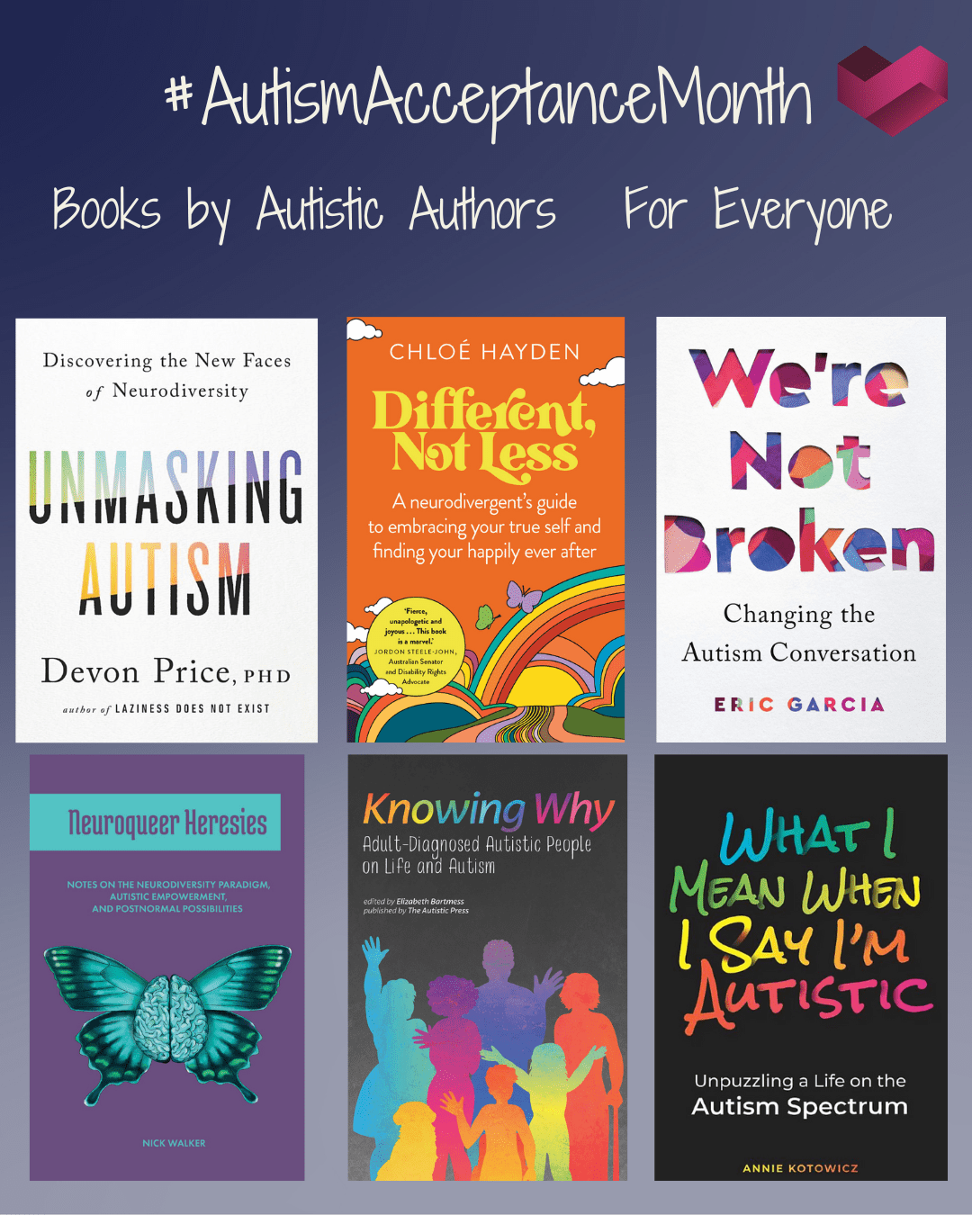 Books by Autistic Authors for Everyone Unmasking Autism by Devon Price Different, Not Less by Chloe Hayden We're Not Broken by Eric Garcia Neuroqueer Heresies by Nick Walker Knowing Why: Adult-diagnosed autistic people on life and autism by Elizabeth Bartmess What I Mean When I Say I'm Autistic by Annie Kotowicz